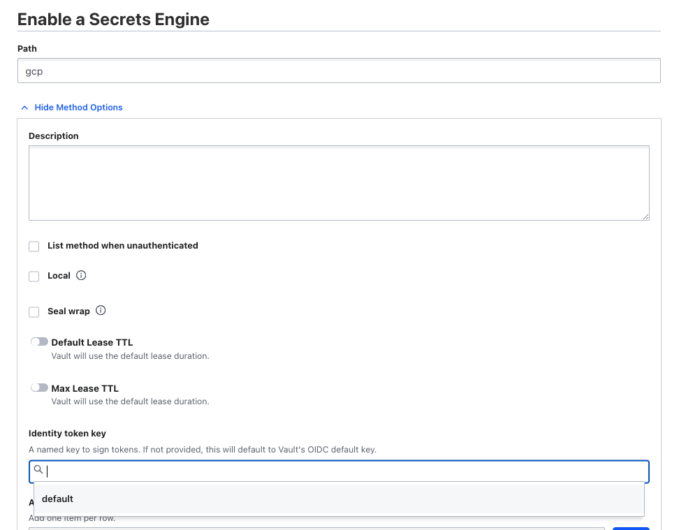 Partial screenshot of the Vault GUI showing the "Identity token key" search select input